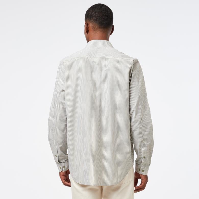 Erkek Relaxed Fit Düğmeli Yaka Çizgili Haki Gömlek