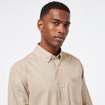 Erkek Relaxed Fit Düğmeli Yaka Çizgili Bej Gömlek