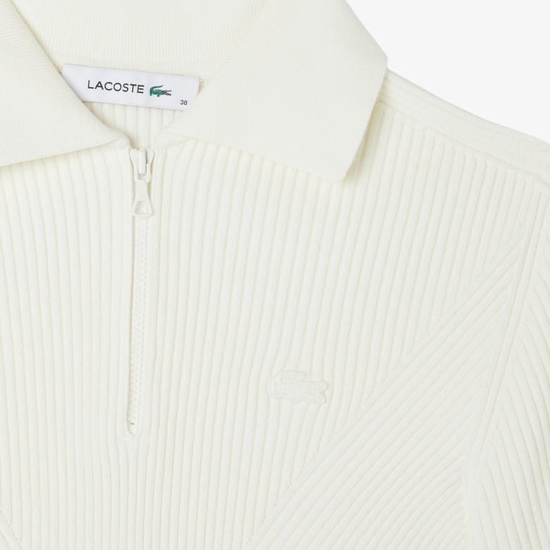 Kadın Slim Fit Polo Yaka Beyaz Triko