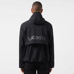 Erkek Relaxed Fit Kapüşonlu Baskılı Siyah Yağmurluk