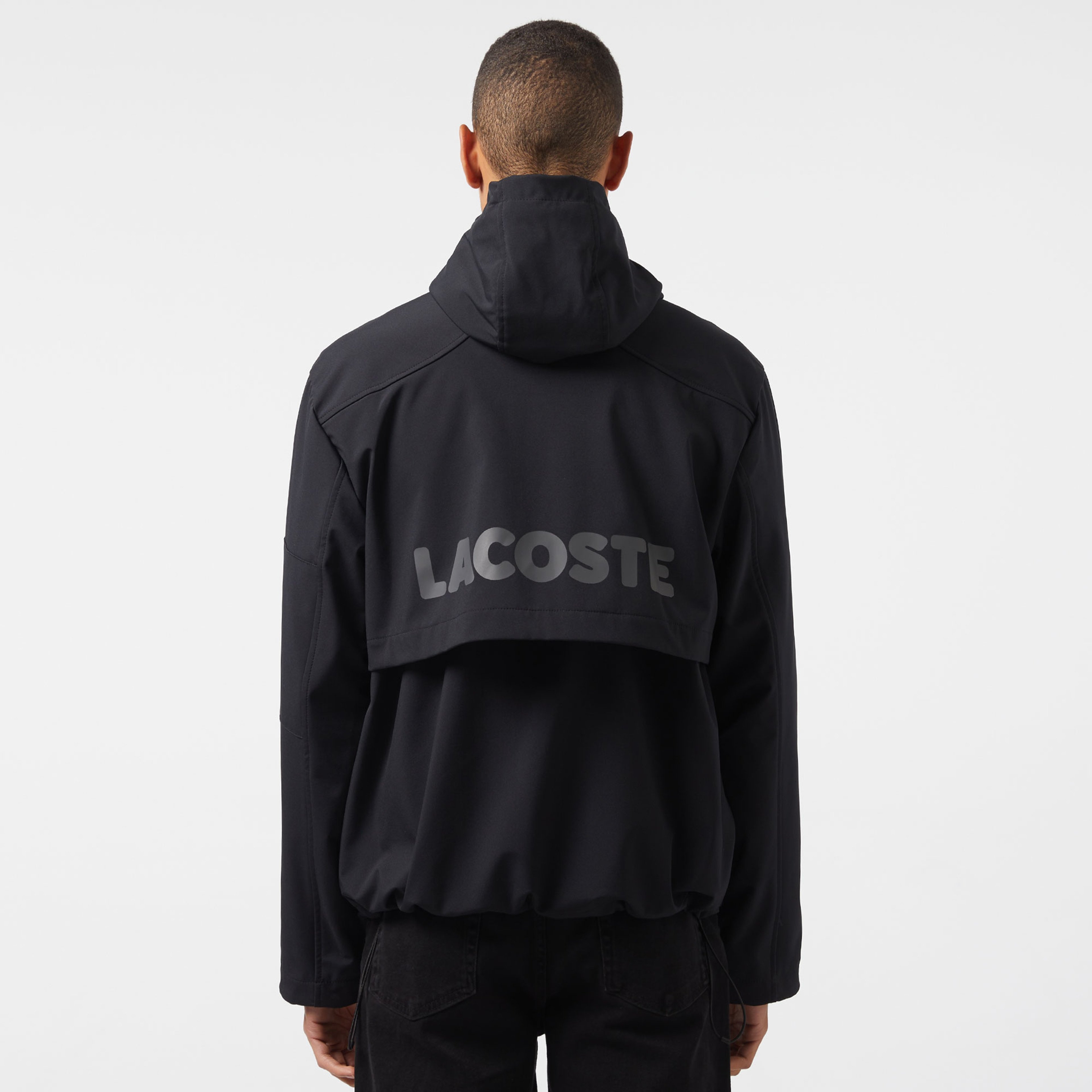 Erkek Relaxed Fit Kapüşonlu Baskılı Siyah Yağmurluk