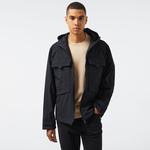 Erkek Relaxed Fit Kapüşonlu Baskılı Siyah Yağmurluk