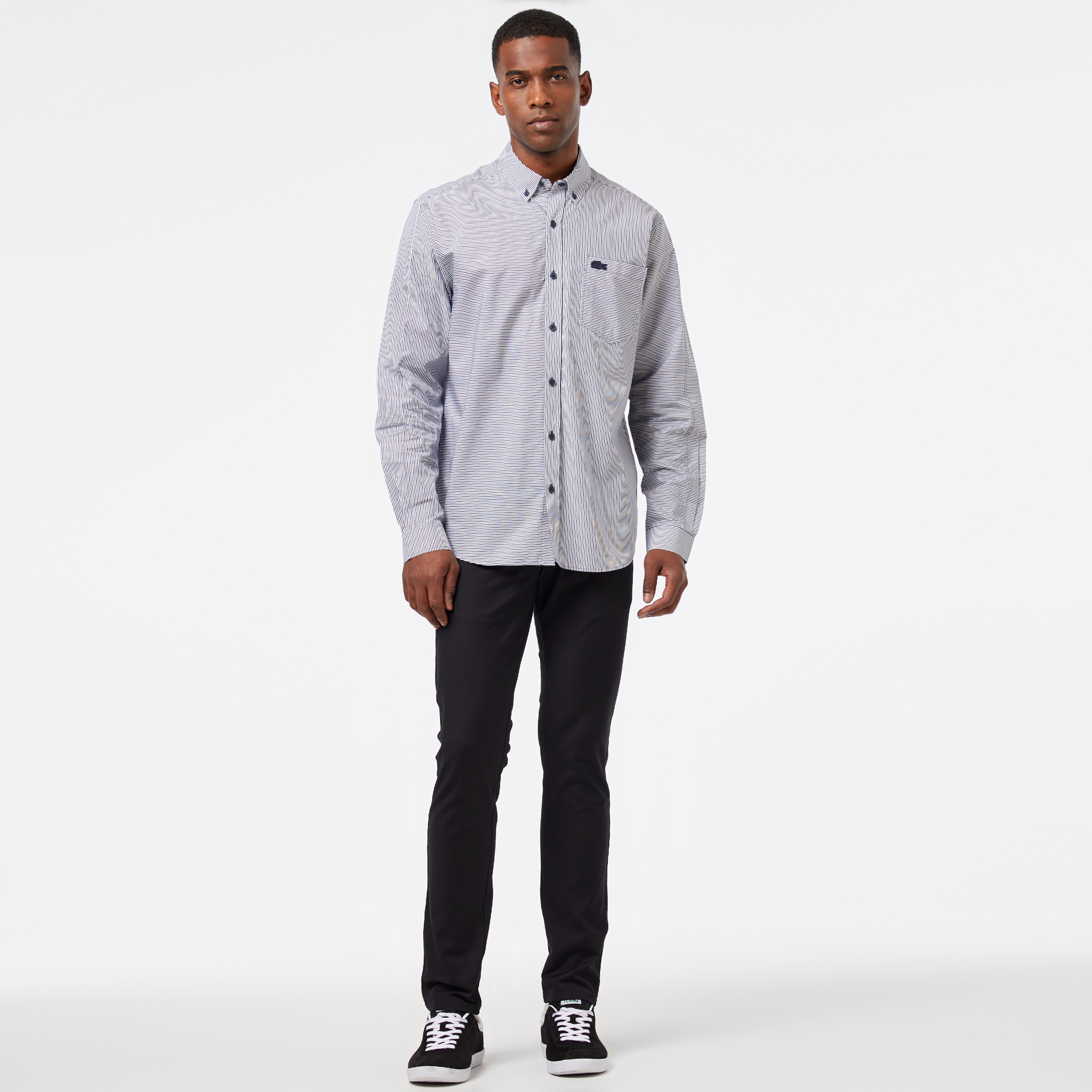 Erkek Relaxed Fit Düğmeli Yaka Çizgili Mavi Gömlek