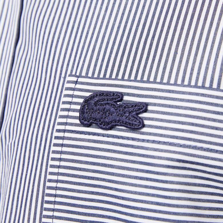 Erkek Relaxed Fit Düğmeli Yaka Çizgili Mavi Gömlek