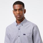 Erkek Relaxed Fit Düğmeli Yaka Çizgili Mavi Gömlek