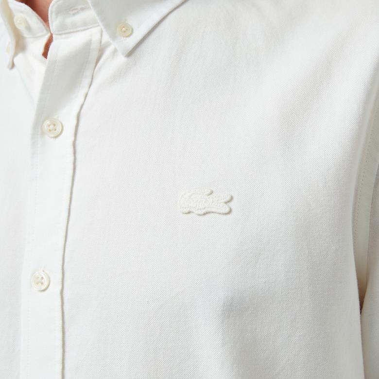 Erkek Slim Fit Düğmeli Yaka Beyaz Gömlek