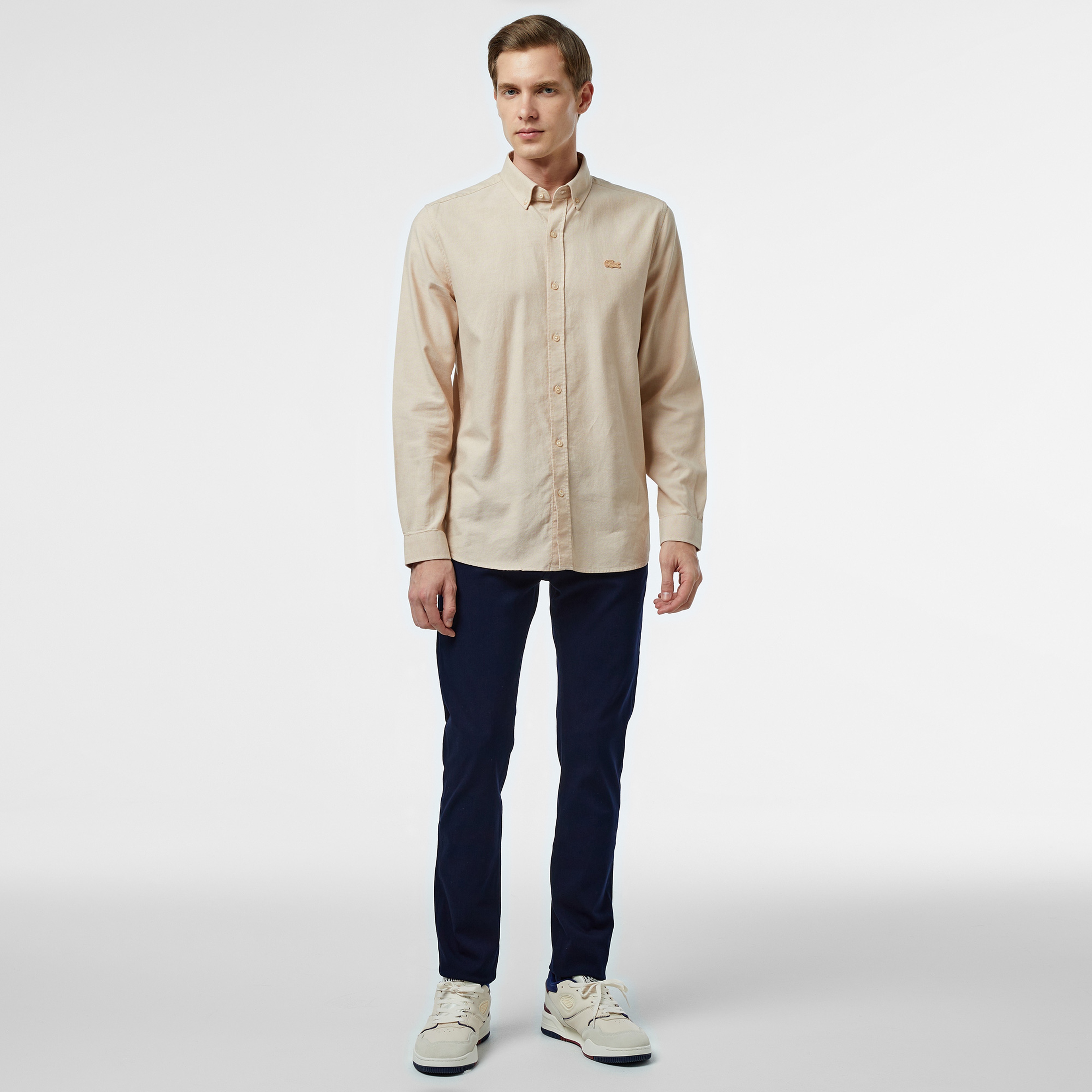 Erkek Slim Fit Düğmeli Yaka Bej Gömlek