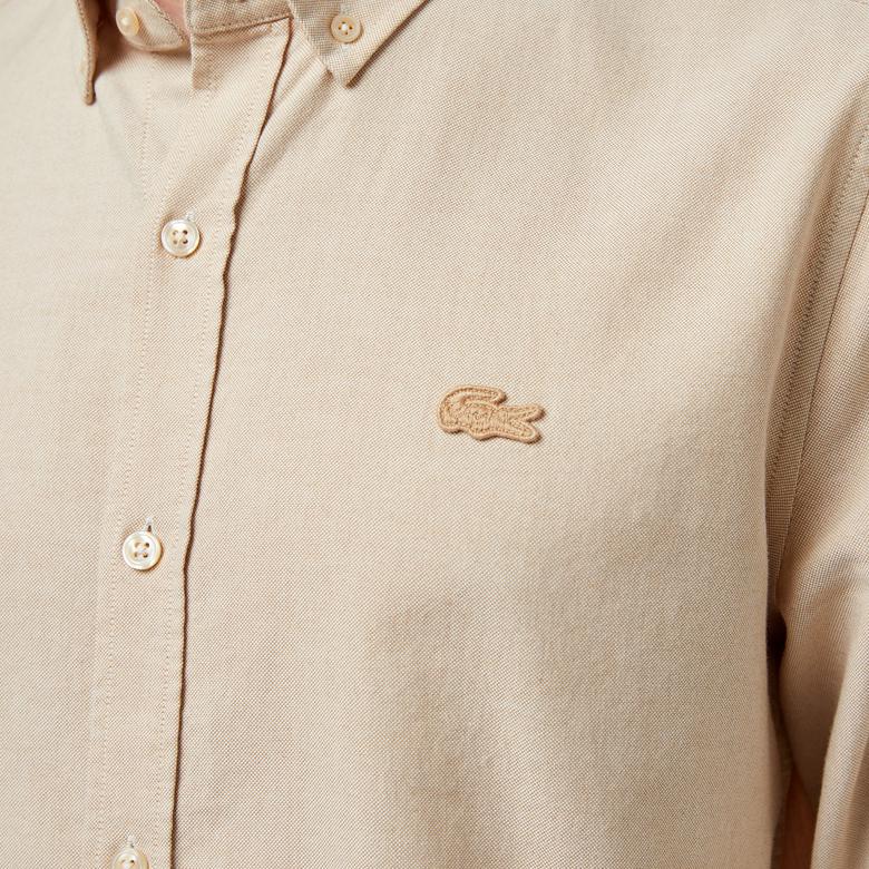 Erkek Slim Fit Düğmeli Yaka Bej Gömlek