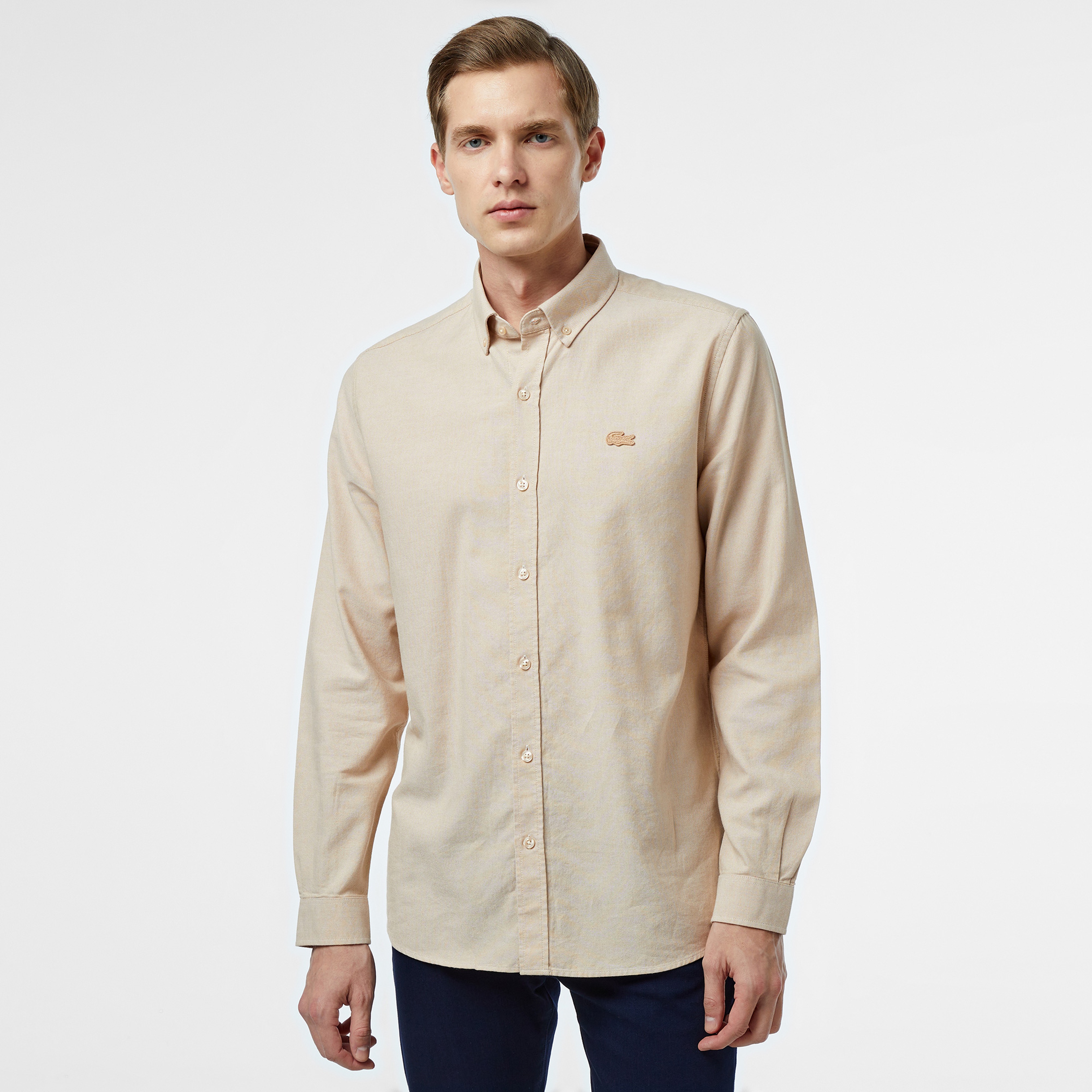 Erkek Slim Fit Düğmeli Yaka Bej Gömlek