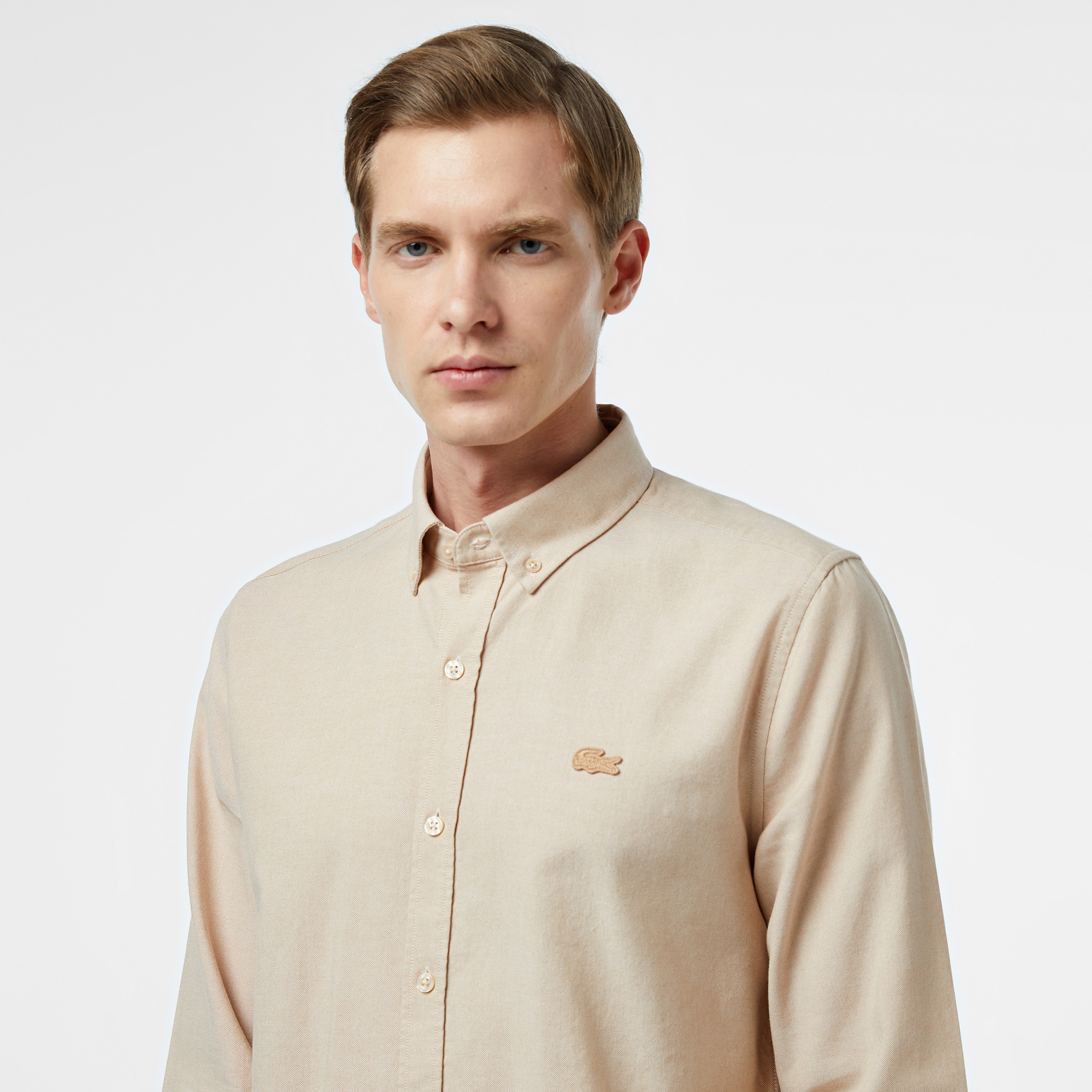 Erkek Slim Fit Düğmeli Yaka Bej Gömlek