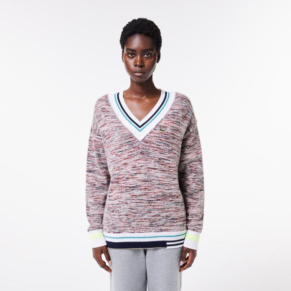 Lacoste Contrast Stripe V Neck Alpaga Sweater