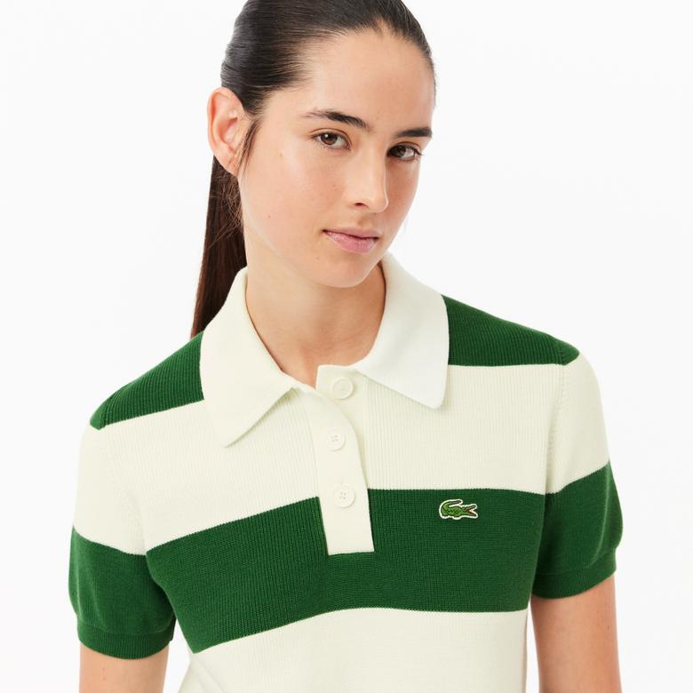 Kadın Slim Fit Polo Yaka Çizgili Beyaz Elbise