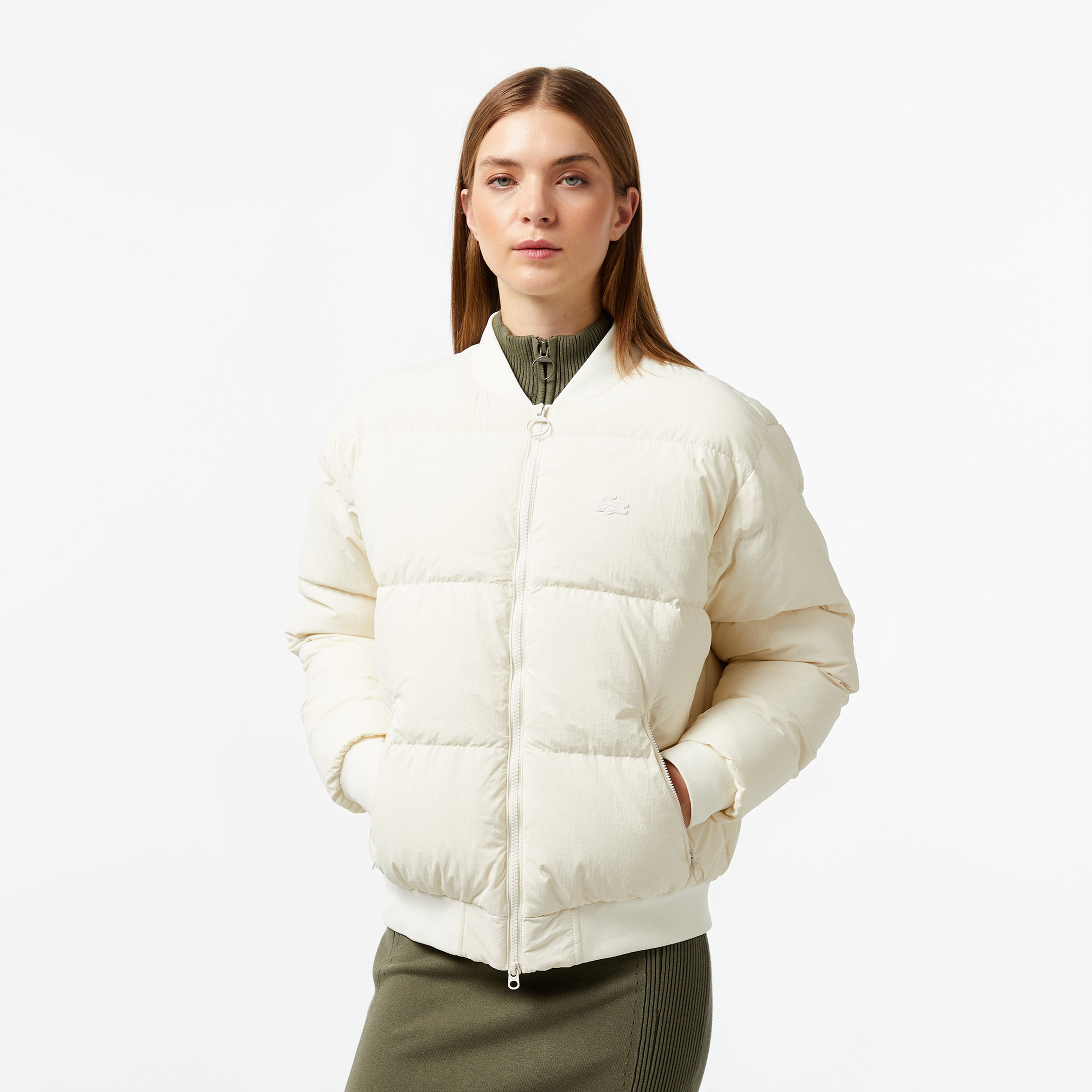 Kadın Relaxed Fit Dik Yaka Krem Mont