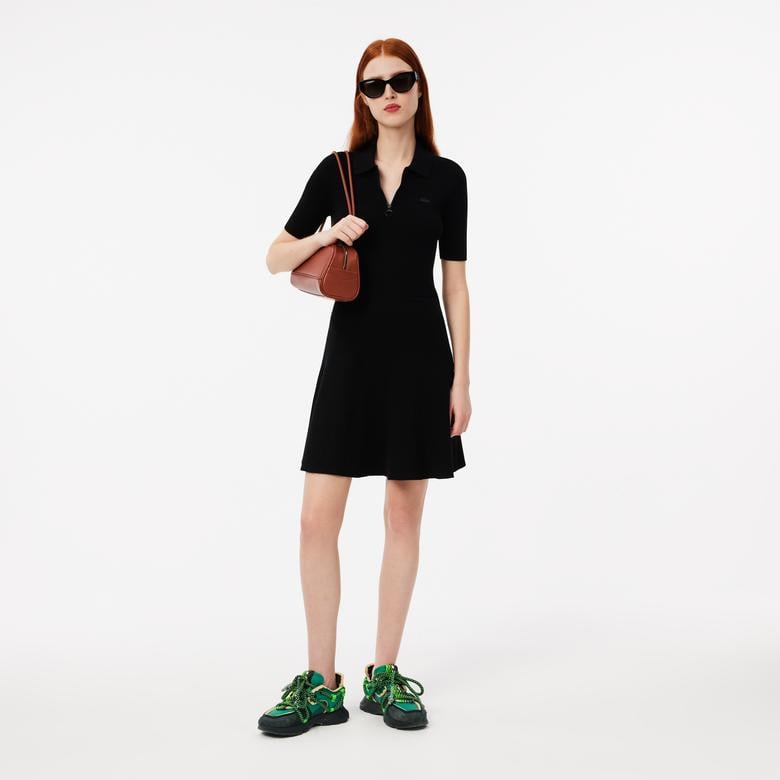 Kadın Slim Fit Kısa Kollu Polo Yaka Siyah Elbise