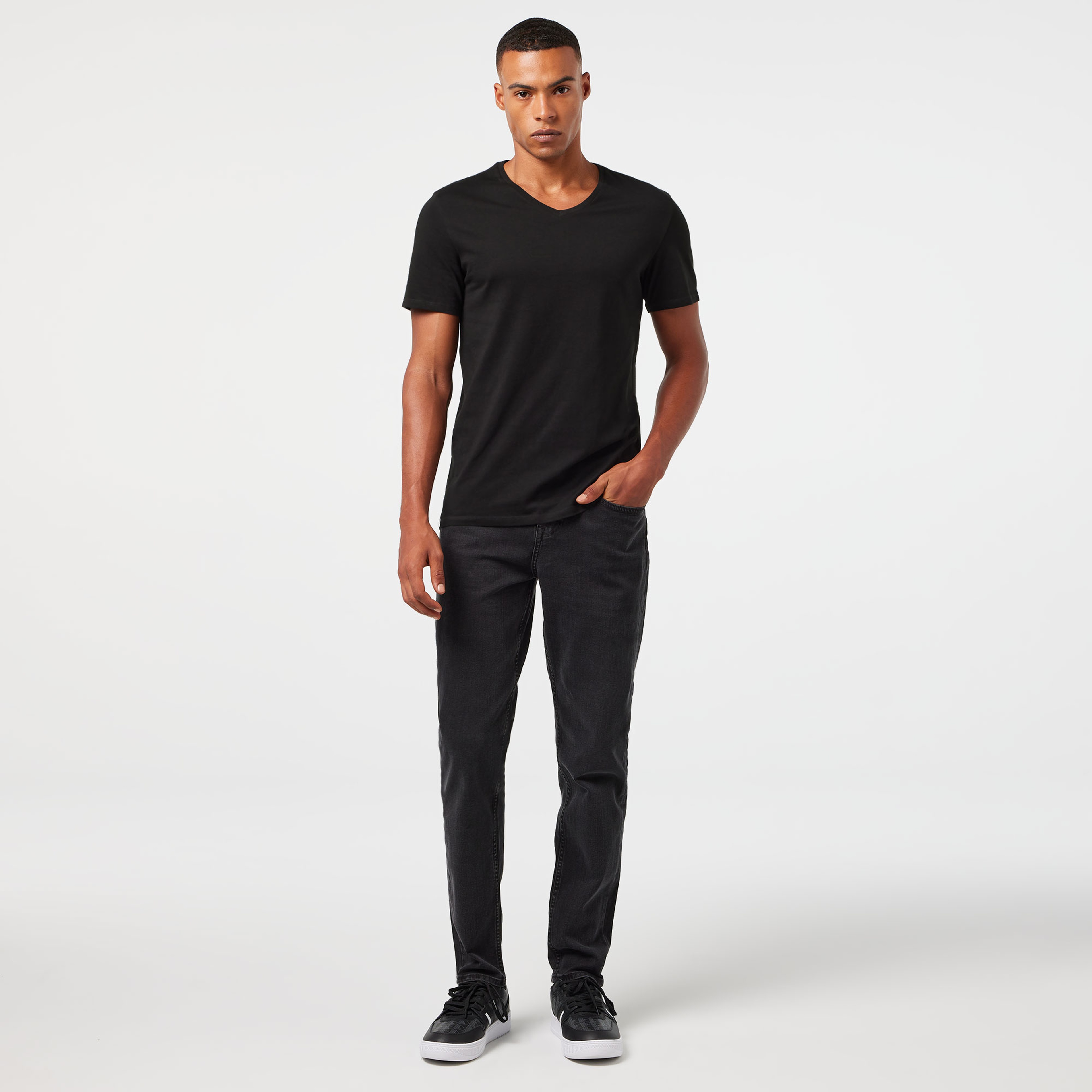 Erkek Slim Fit V Yaka 3'lü Siyah Atlet