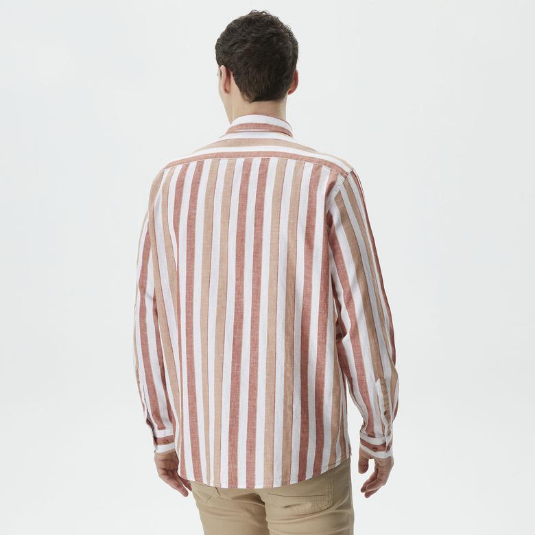 Nautica Erkek Turuncu Classic Fit Uzun Kollu Çizgili Keten Gömlek