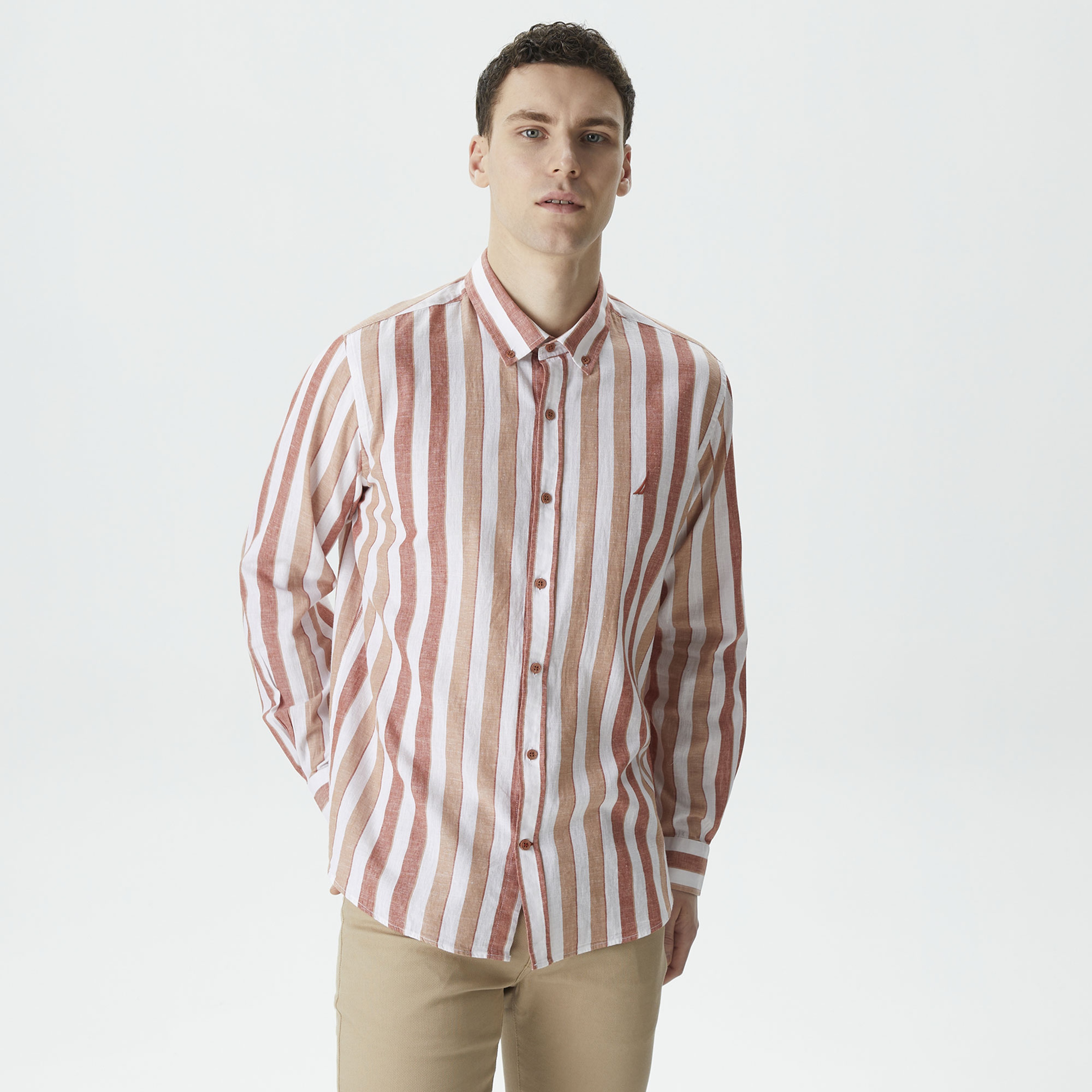 Nautica Erkek Turuncu Classic Fit Uzun Kollu Çizgili Keten Gömlek