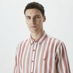 Nautica Erkek Turuncu Classic Fit Uzun Kollu Çizgili Keten Gömlek