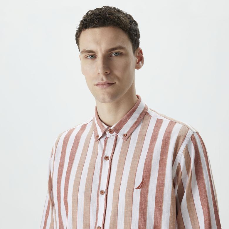 Nautica Erkek Turuncu Classic Fit Uzun Kollu Çizgili Keten Gömlek