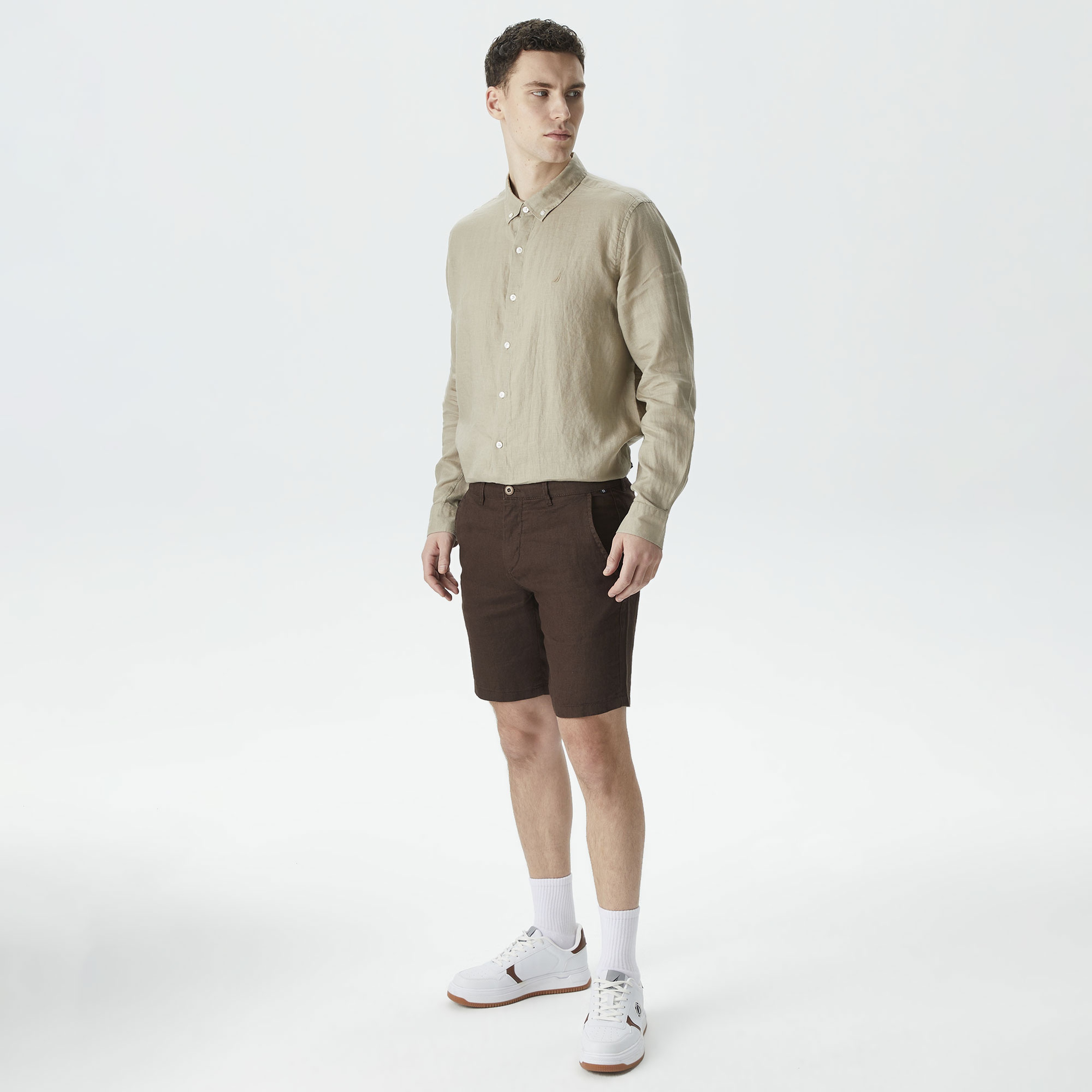 Nautica Erkek Kahverengi Slim Fit Keten Bermuda