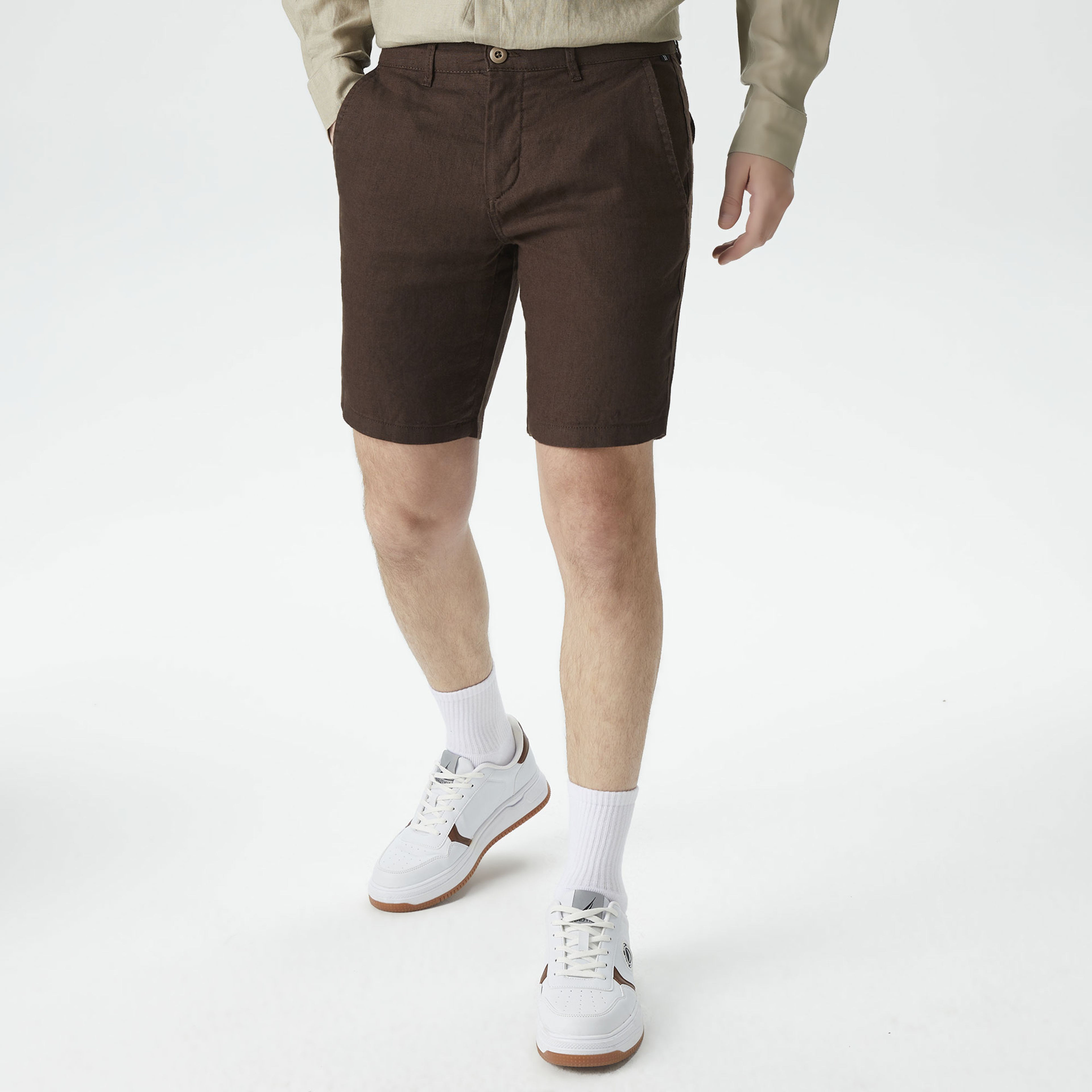 Nautica Erkek Kahverengi Slim Fit Keten Bermuda
