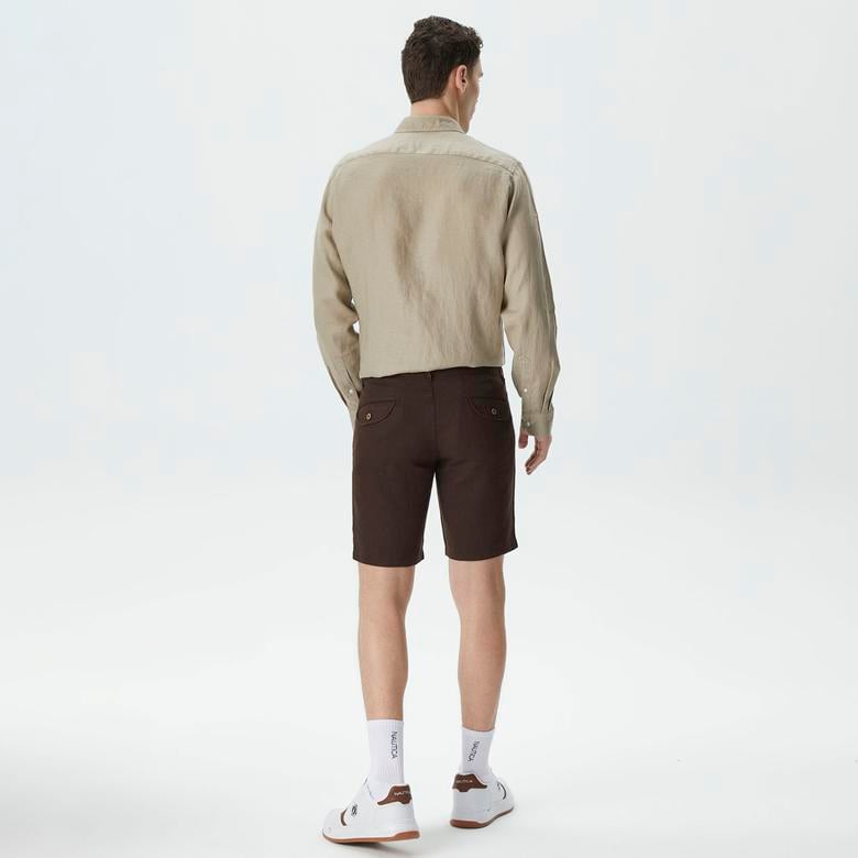 Nautica Erkek Kahverengi Slim Fit Keten Bermuda
