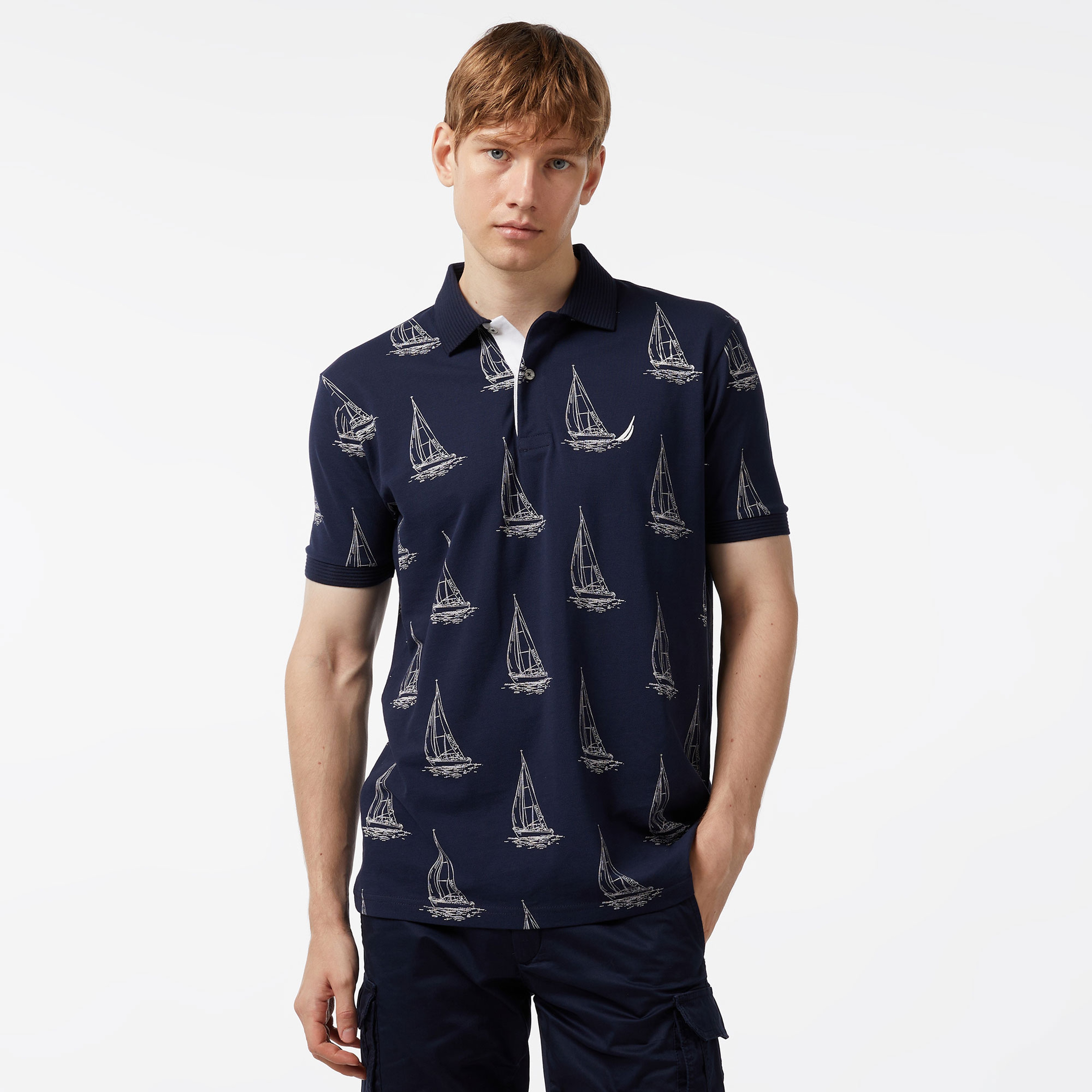 Nautica Erkek Lacivert Classic Fit Kısa Kollu Desenli Polo