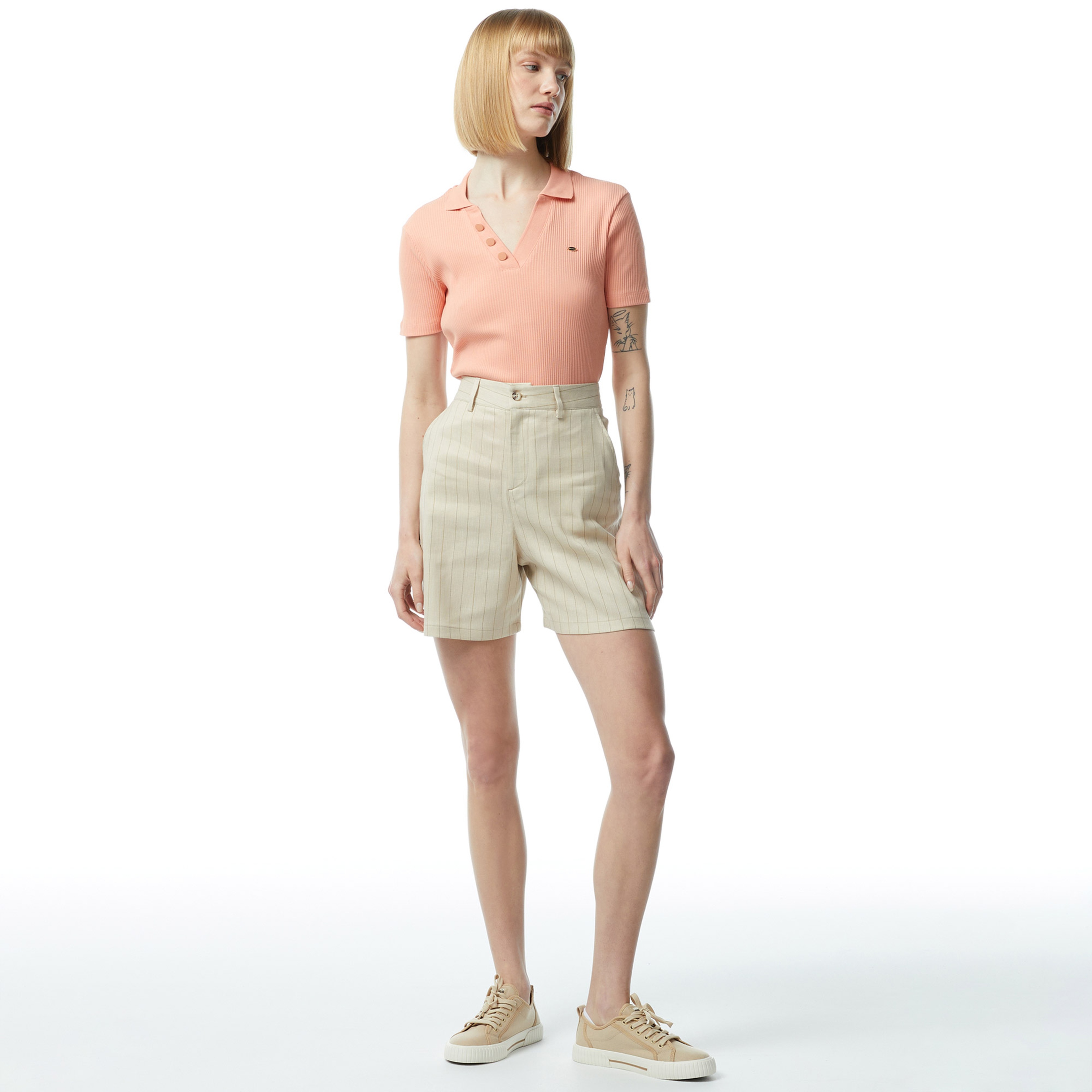 Nautica Kadın Bej Relaxed Fit Çizgili Şort