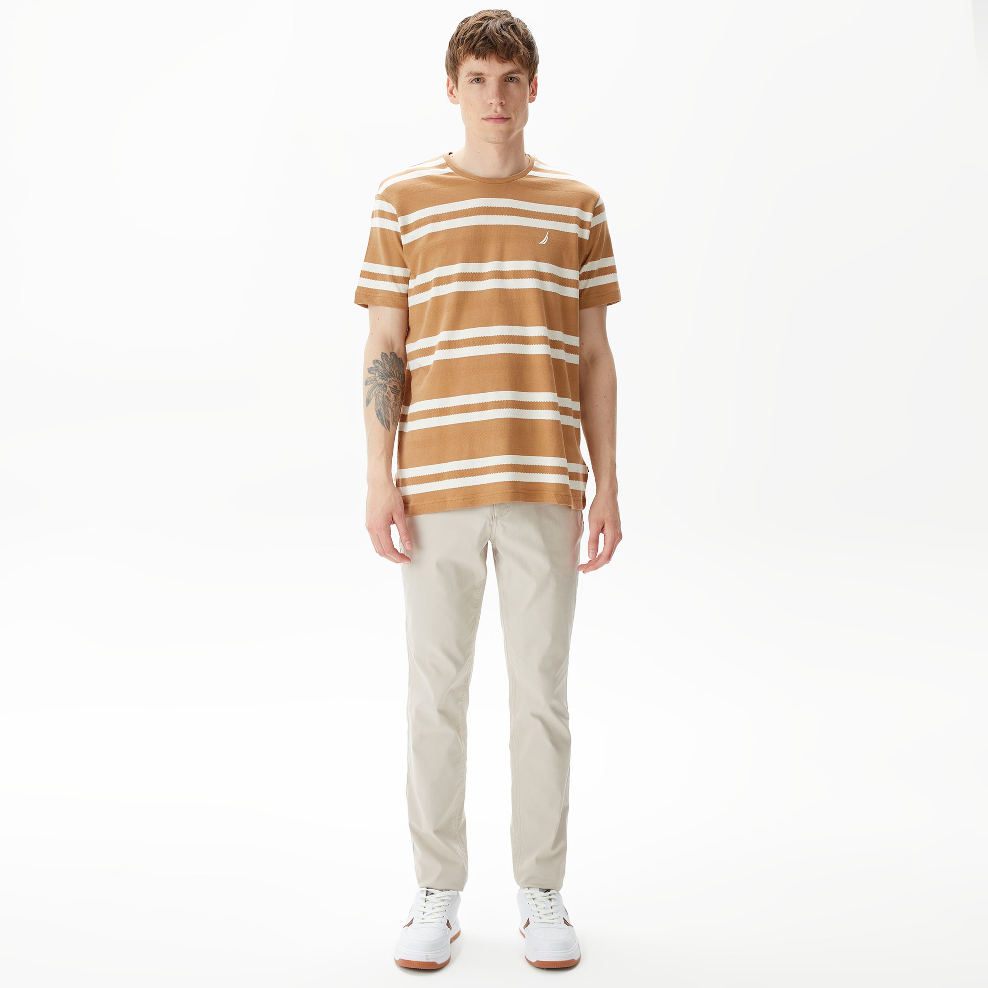 Nautica Erkek Bej Standart Fit Kısa Kollu Çizgili T-Shirt