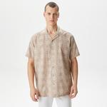 Nautica Erkek Bej Classic Fit Kısa Kollu Desenli Keten Gömlek