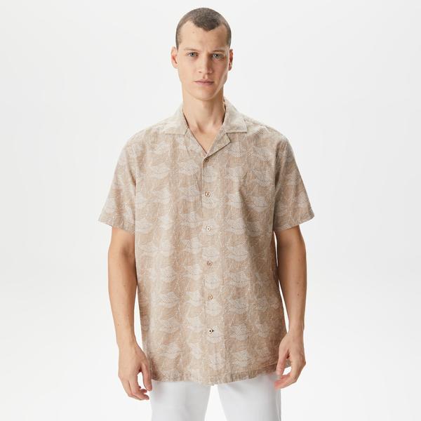 Nautica Erkek Bej Classic Fit Kısa Kollu Desenli Keten Gömlek