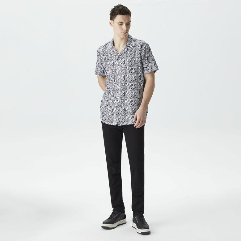 Nautica Erkek Beyaz Classic Fit Kısa Kollu Desenli Keten Gömlek