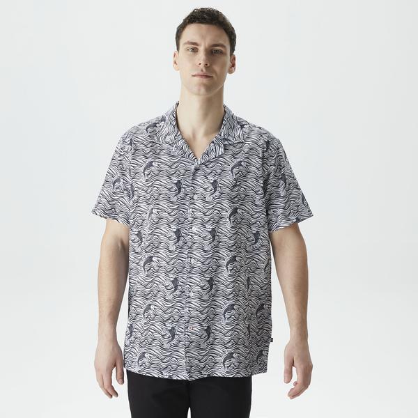 Nautica Erkek Beyaz Classic Fit Kısa Kollu Desenli Keten Gömlek