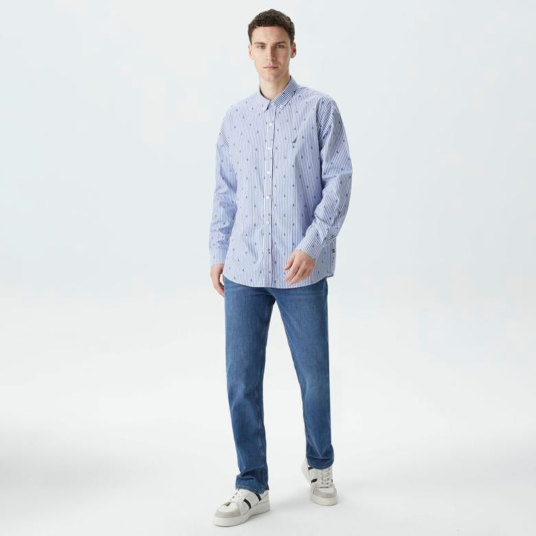 Nautica Erkek Mavi Classic Fit Uzun Kollu Desenli Gömlek