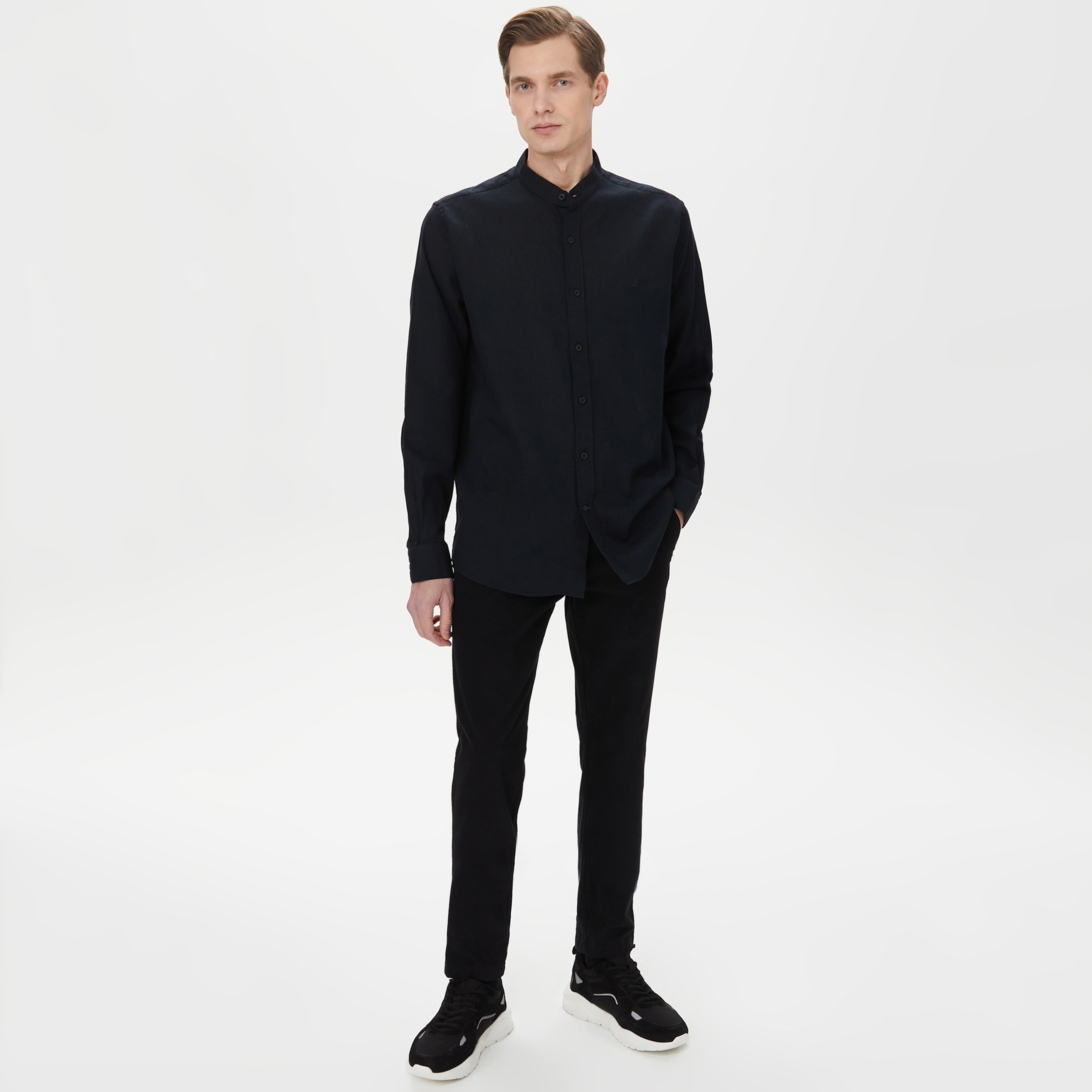 Nautica Erkek Siyah Classic Fit Keten Gömlek