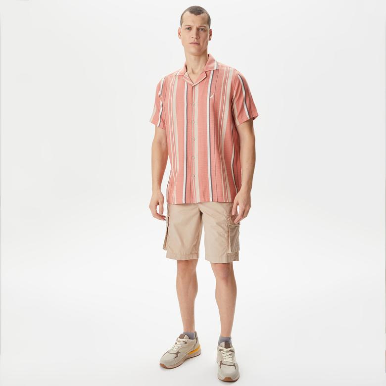 Nautica Erkek Turuncu Classic Fit Kısa Kollu Çizgili Gömlek