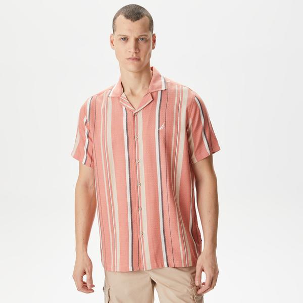 Nautica Erkek Turuncu Classic Fit Kısa Kollu Çizgili Gömlek