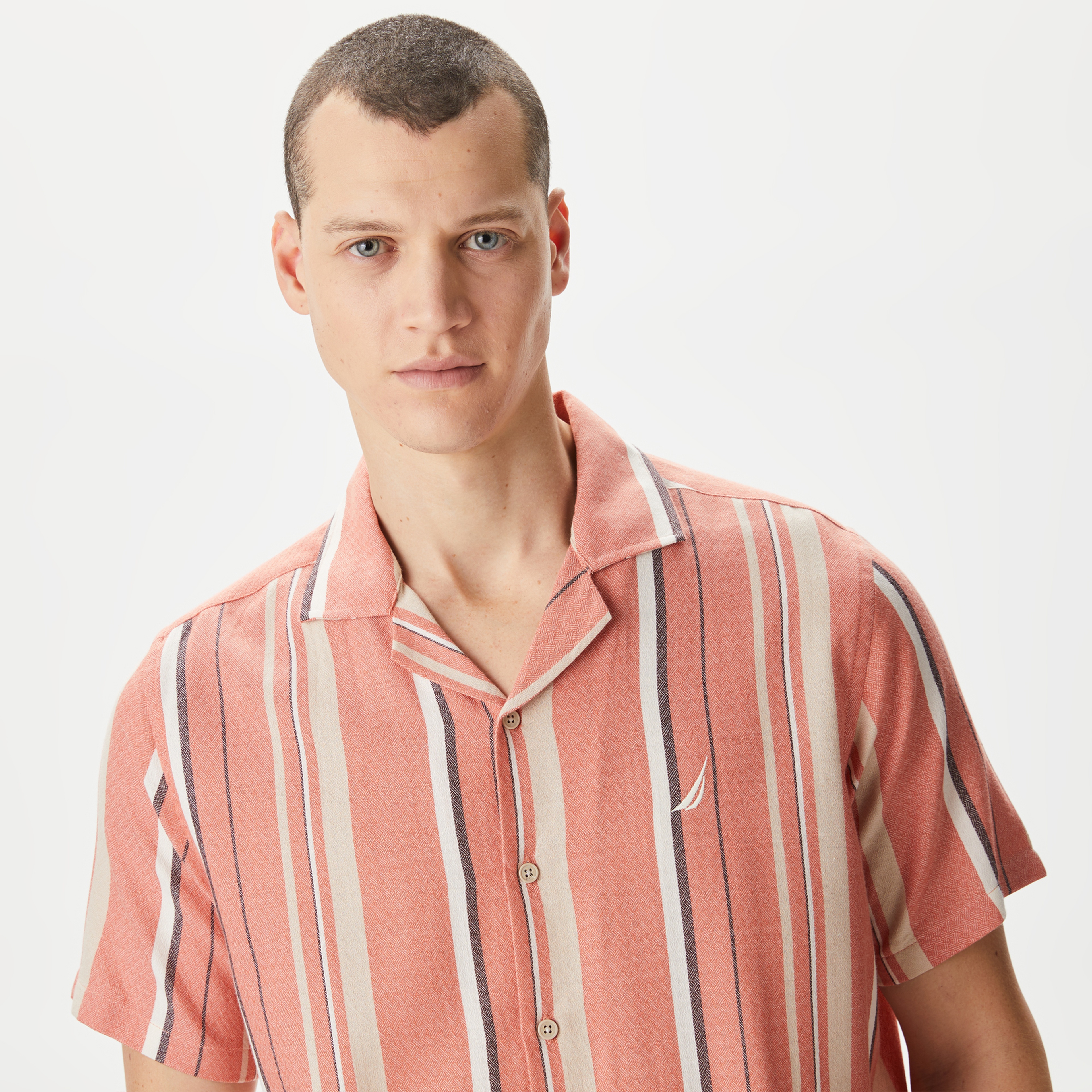 Nautica Erkek Turuncu Classic Fit Kısa Kollu Çizgili Gömlek