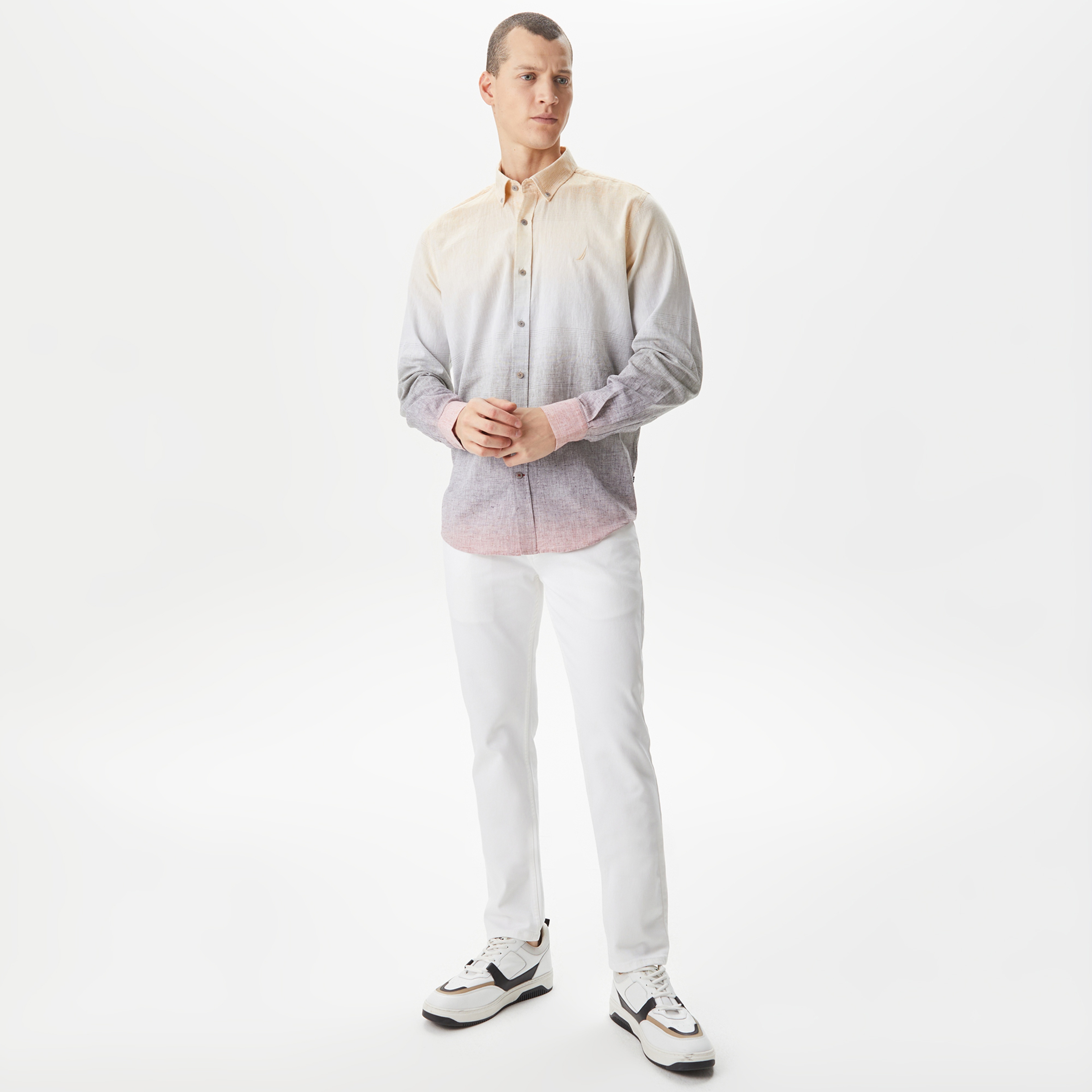 Nautica Erkek Bej Classic Fit Uzun Kollu Renk Bloklu Gömlek