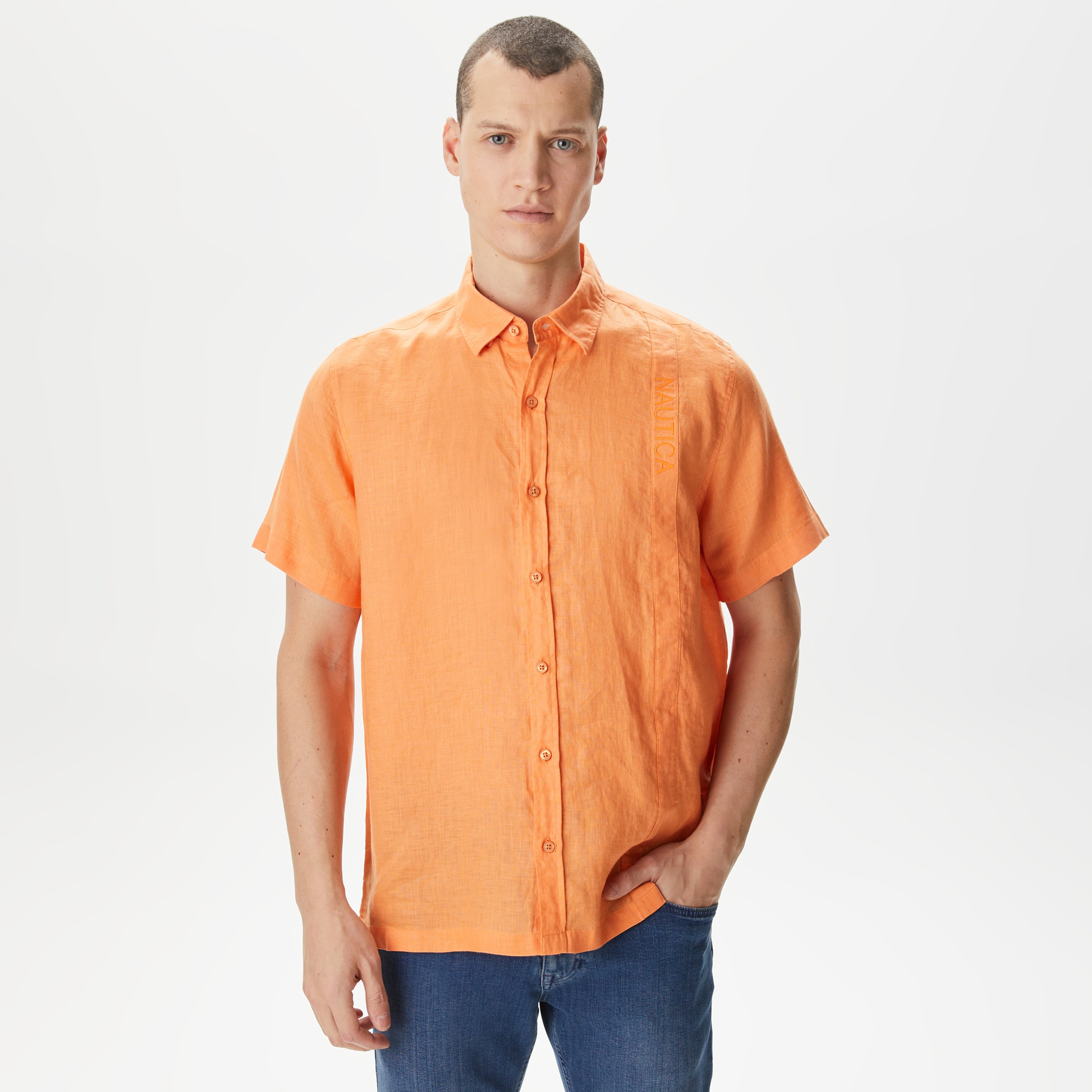 Nautica Erkek Turuncu Classic Fit Kısa Kollu Keten Gömlek
