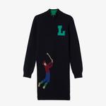 Kadın Baskılı Uzun Kollu Lacivert Elbise