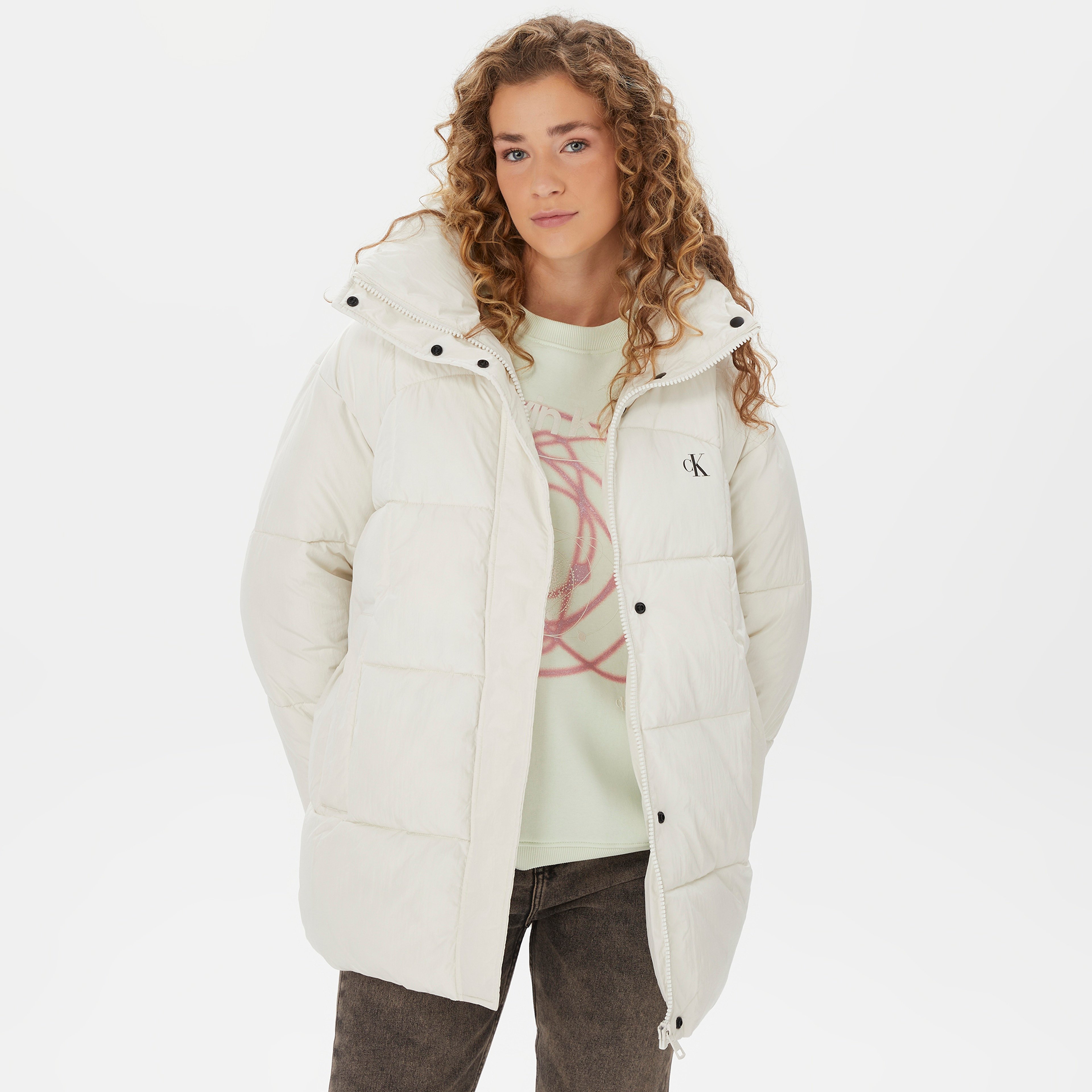 Calvin Klein Jeans ed Long Puffer Kadın Beyaz Mont