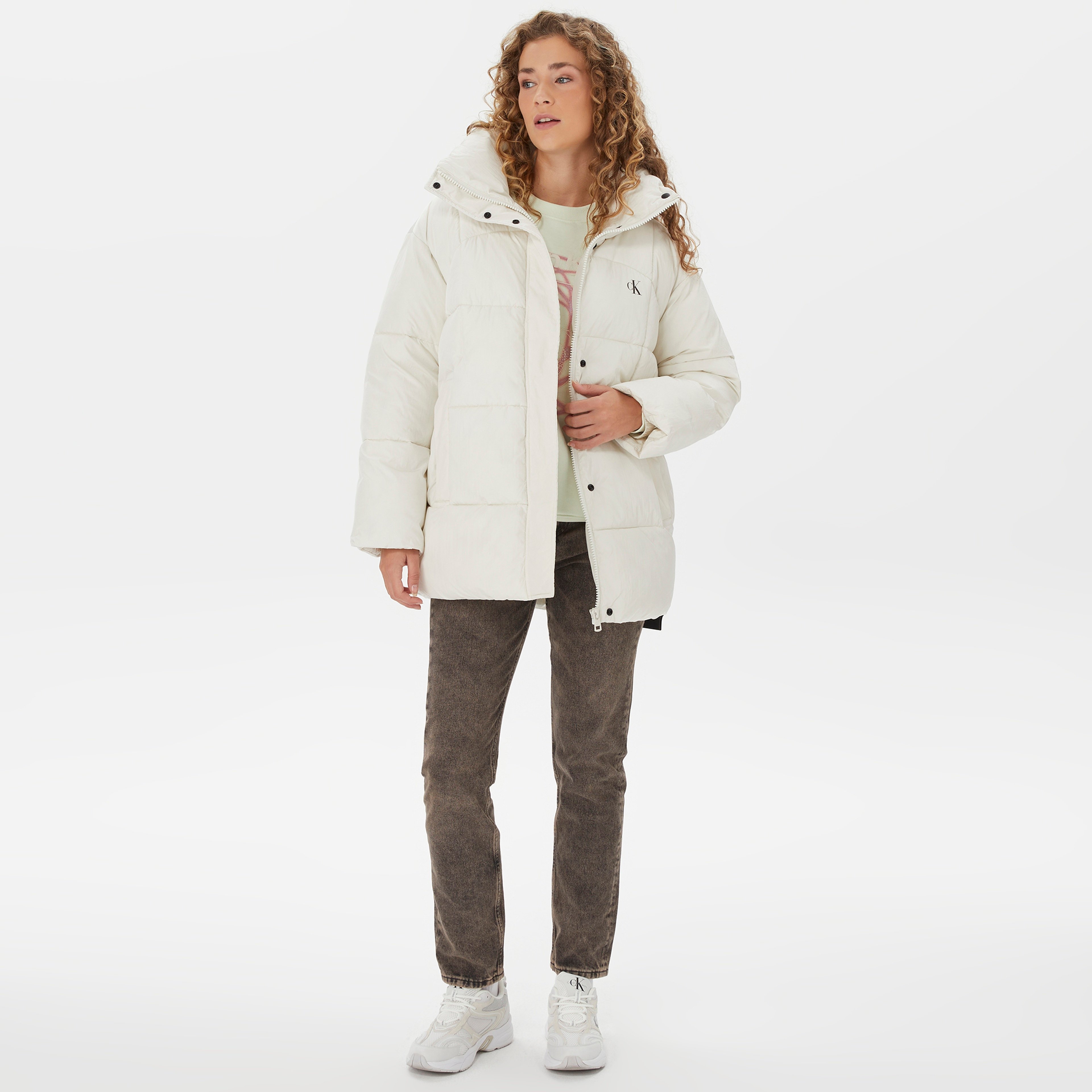 Calvin Klein Jeans ed Long Puffer Kadın Beyaz Mont