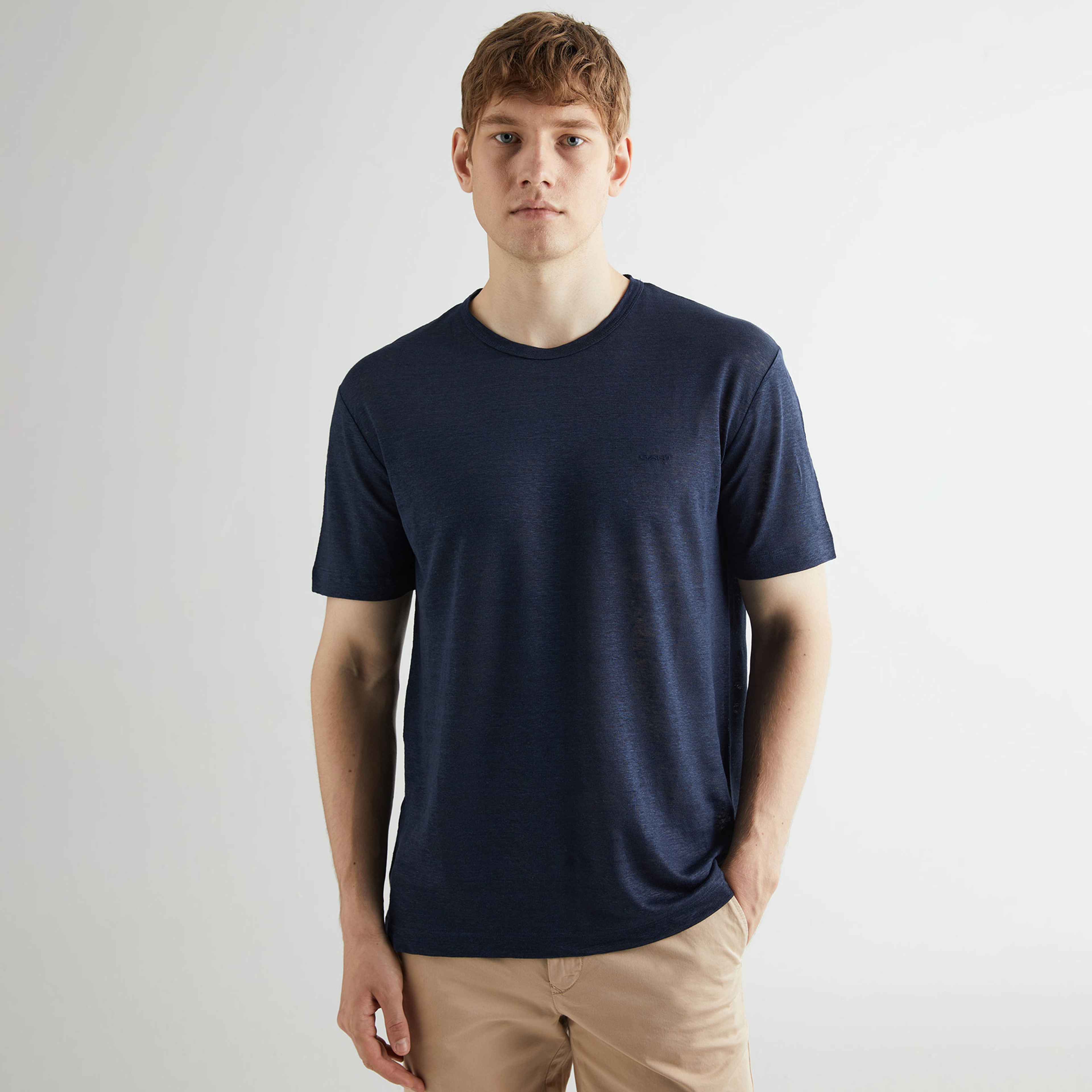 GANT Erkek Lacivert Regular Fit Bisiklet Yaka Keten T-shirt