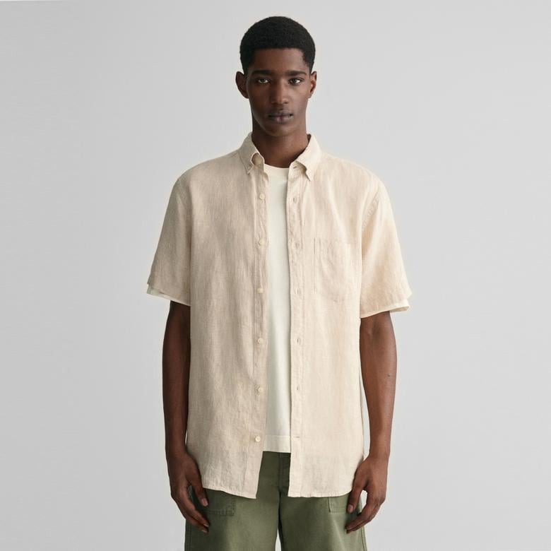 GANT Erkek Bej Regular Fit Düğmeli Yaka Keten Gömlek