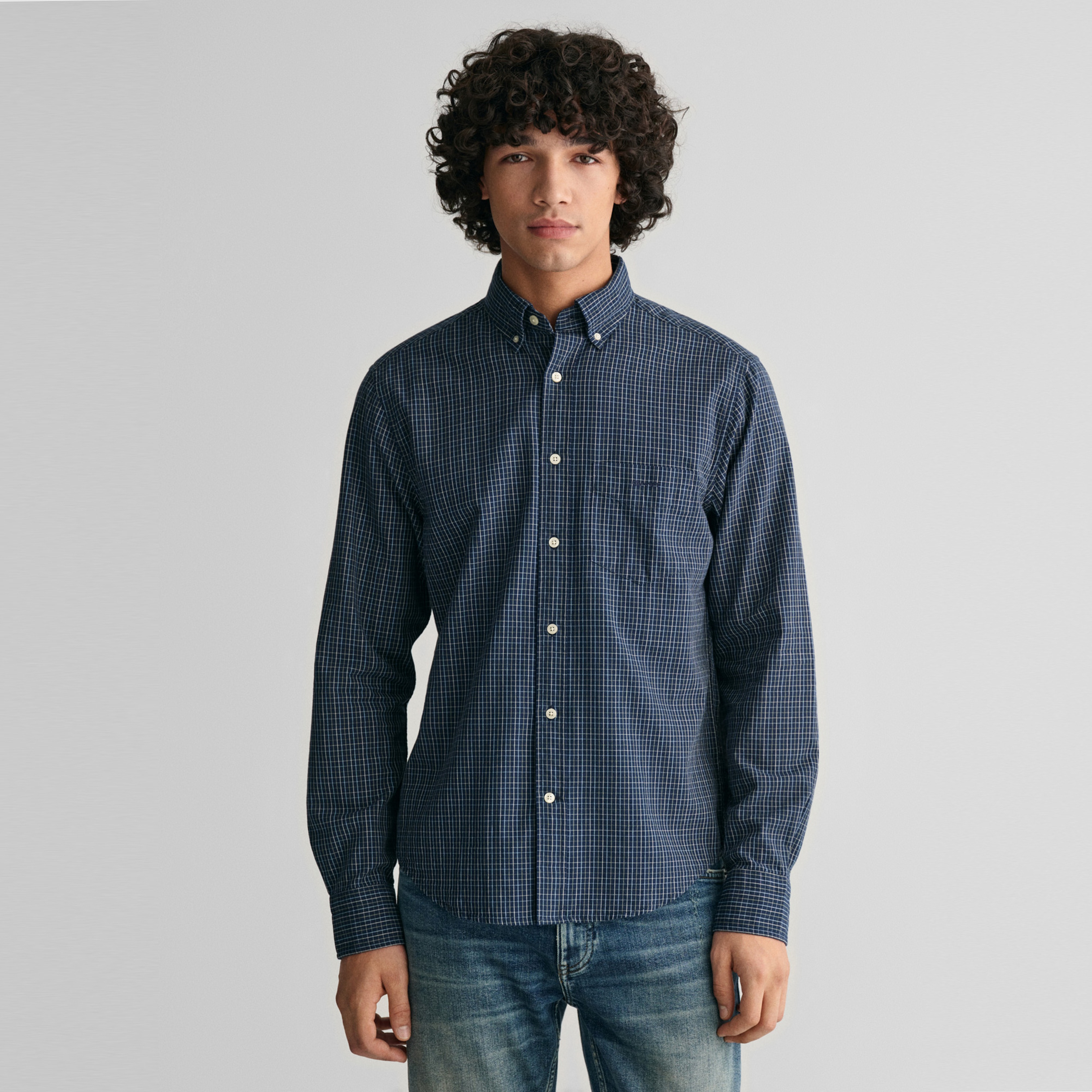 GANT Erkek Lacivert Regular Fit Düğmeli Yaka Kareli Oxford Gömlek