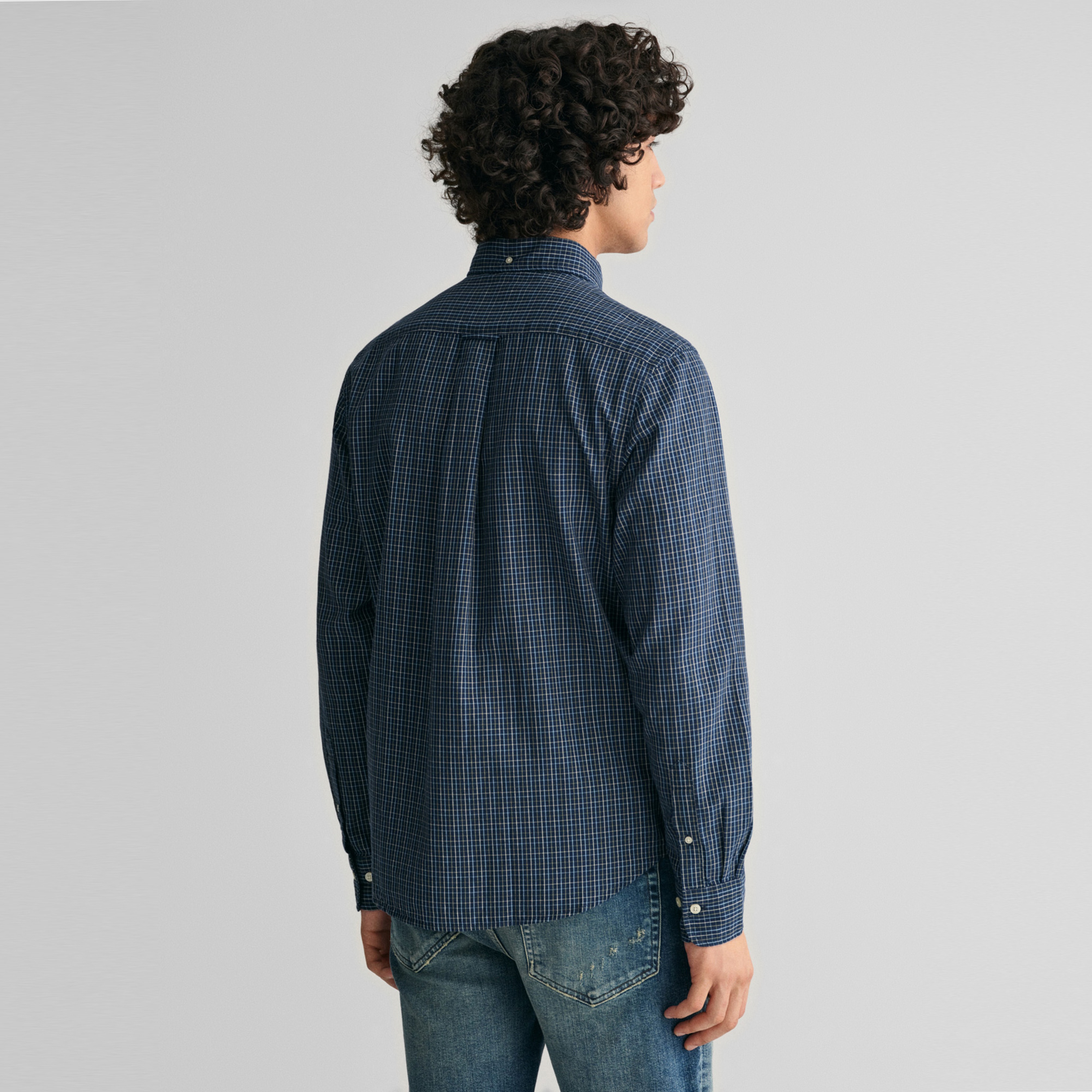 GANT Erkek Lacivert Regular Fit Düğmeli Yaka Kareli Oxford Gömlek