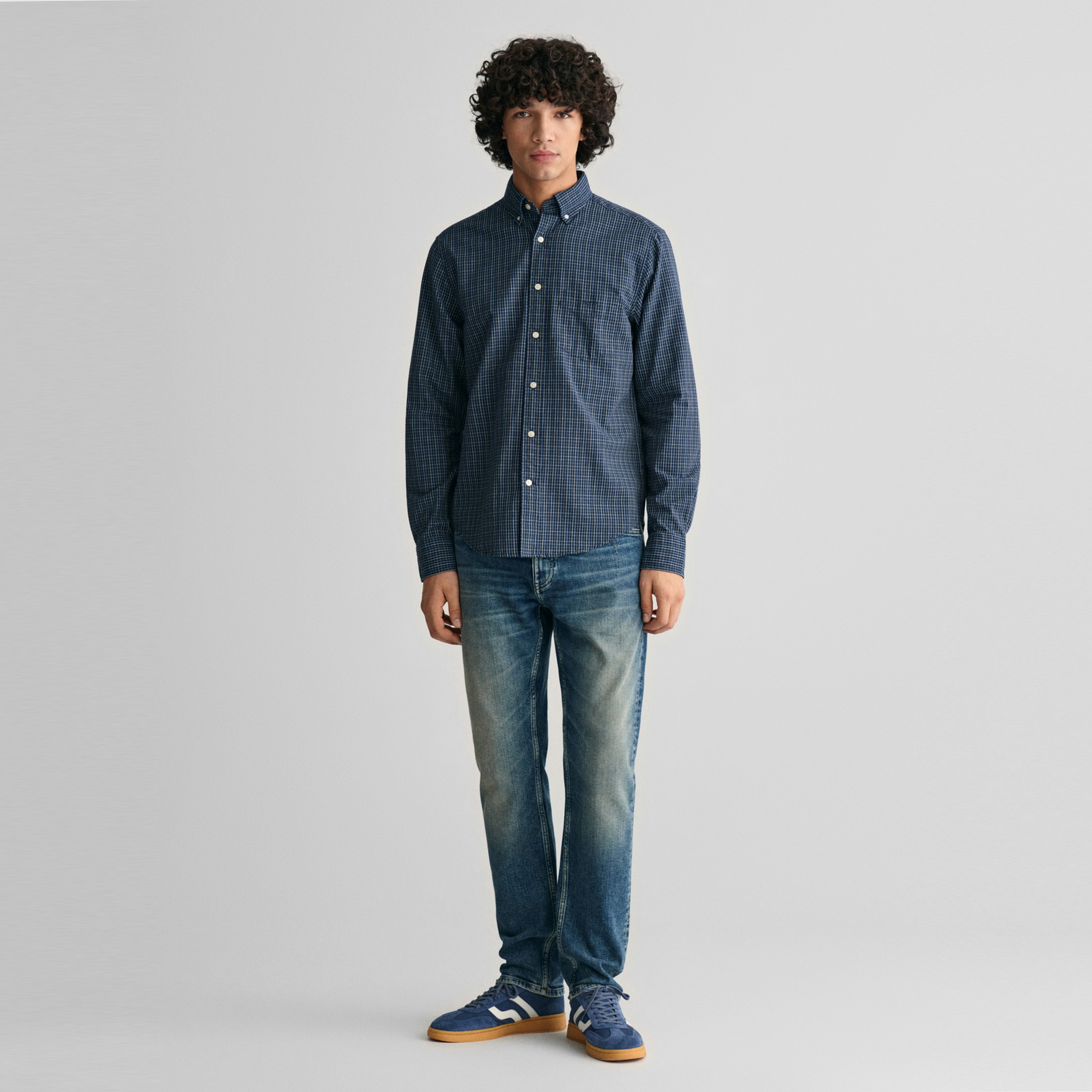GANT Erkek Lacivert Regular Fit Düğmeli Yaka Kareli Oxford Gömlek