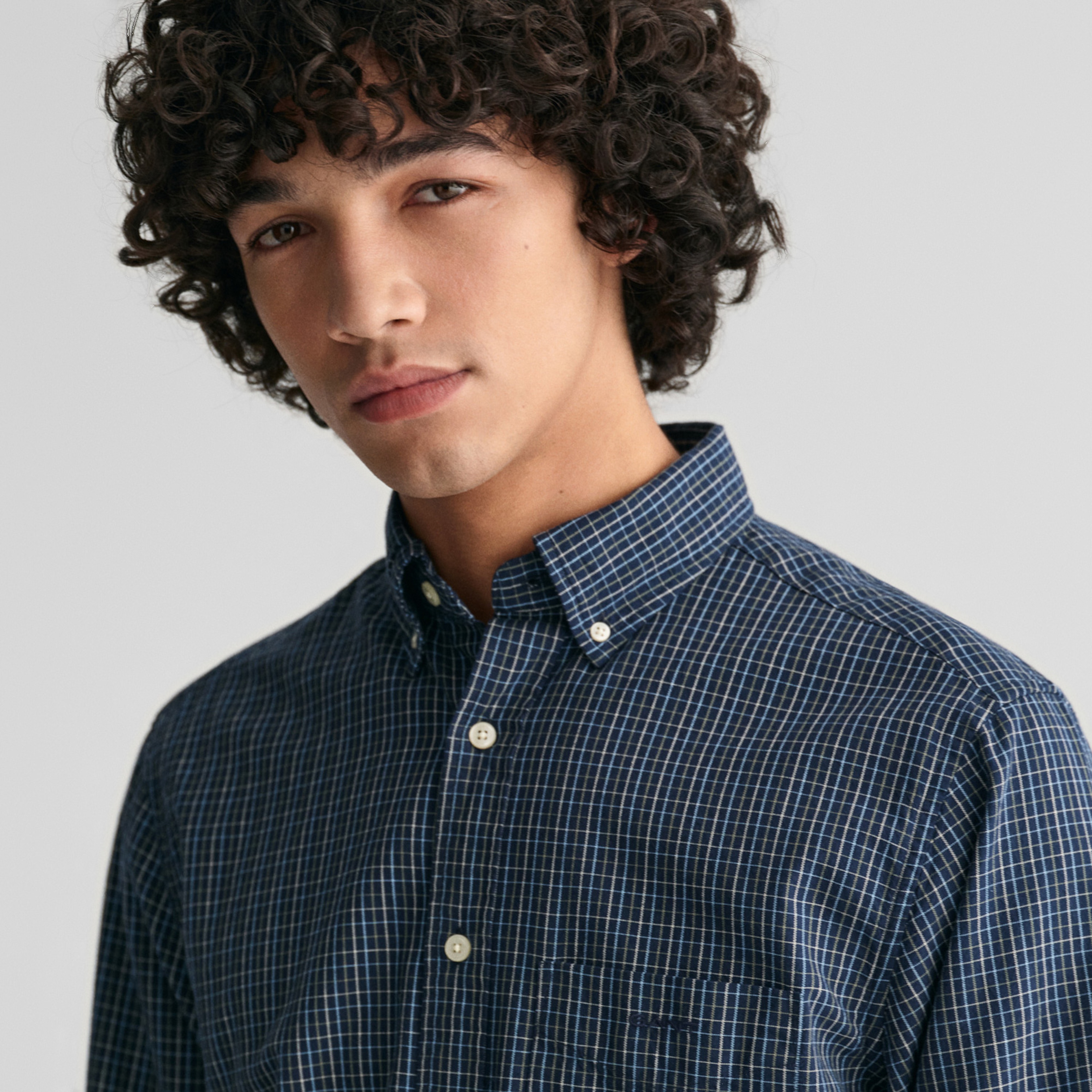 GANT Erkek Lacivert Regular Fit Düğmeli Yaka Kareli Oxford Gömlek