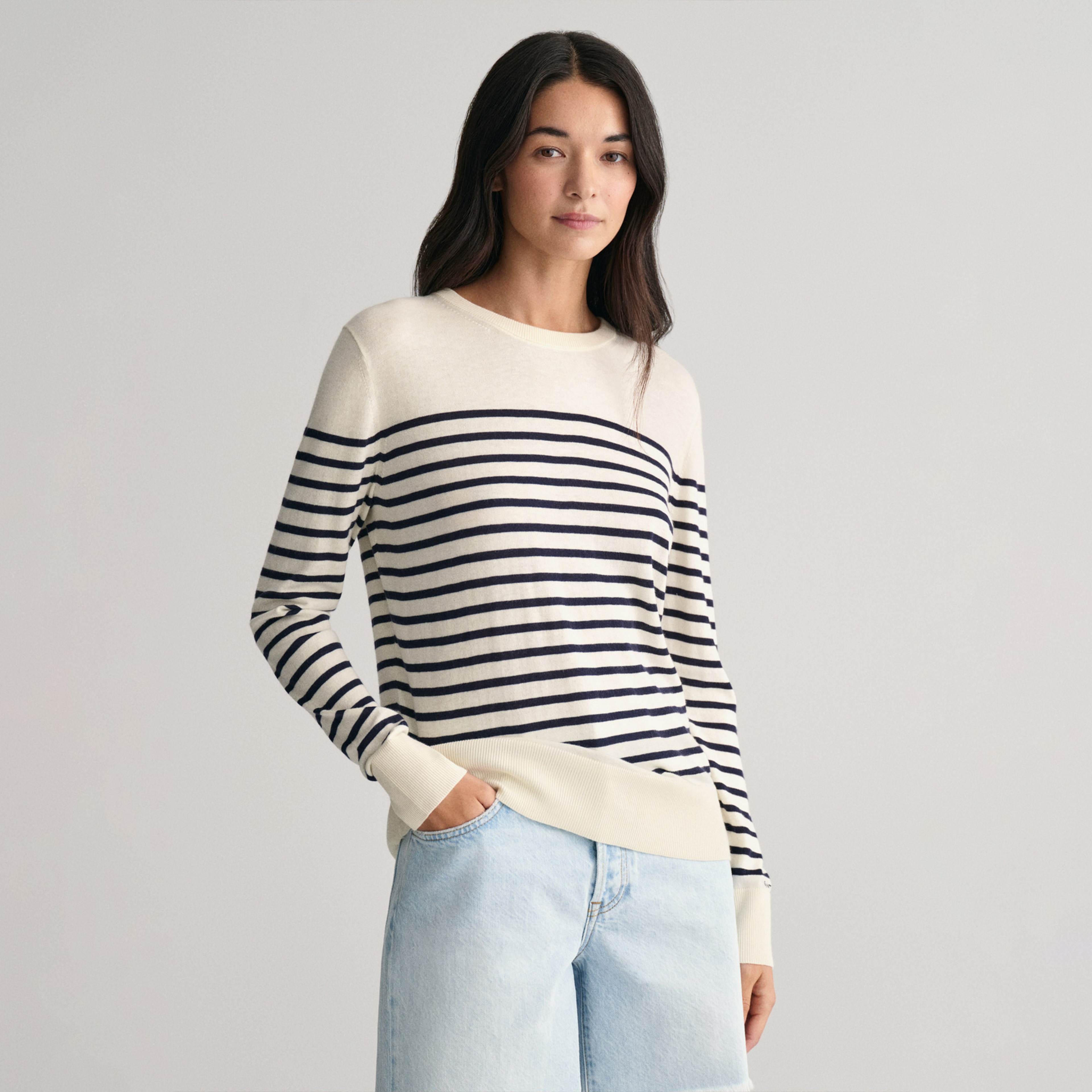 GANT Kadın Krem Regular Fit Bisiklet Yaka Çizgili Kazak